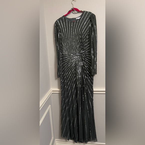 MAC DUGGAL Slate Gray Embellished Puff-Sleeve Side Knot Gown SZ 16 #5641 NWOT - Picture 11 of 13